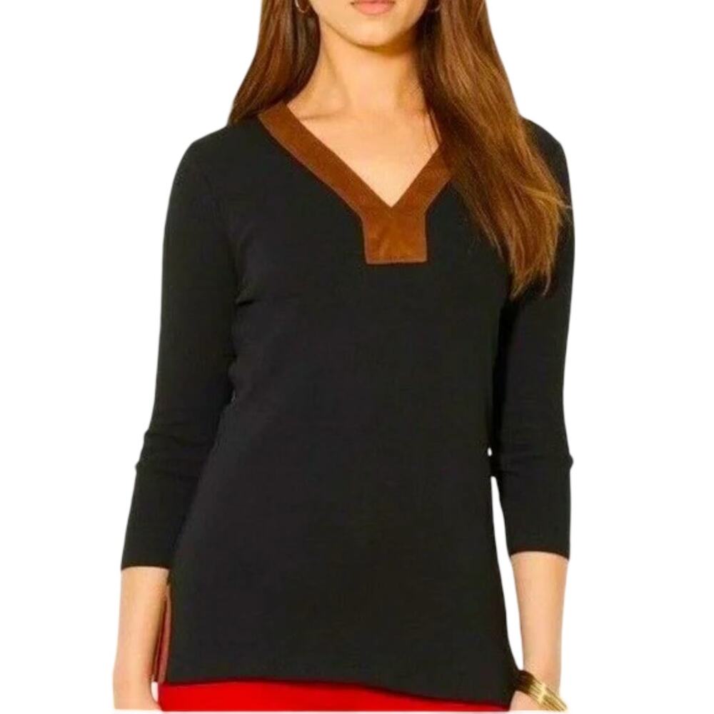 Lauren Ralph Lauren Top Micro Suede Trim Women L V-Neck Long sleeve Black Brown
